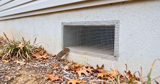 A crawl space ventilation opening covered with wire mesh for rodent-proofing